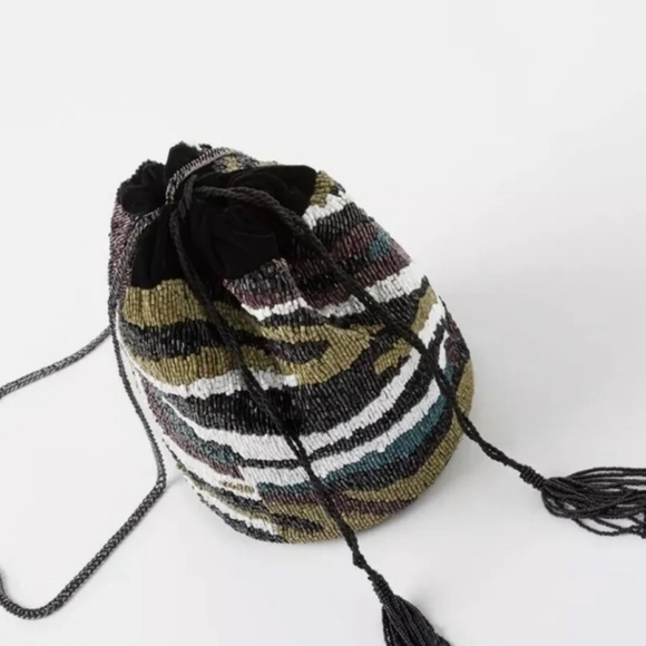 Zara Beaded Safari Velvet Bucket Bag Crossbody Multicoloured Tassels Beaded - Picture 12 of 12